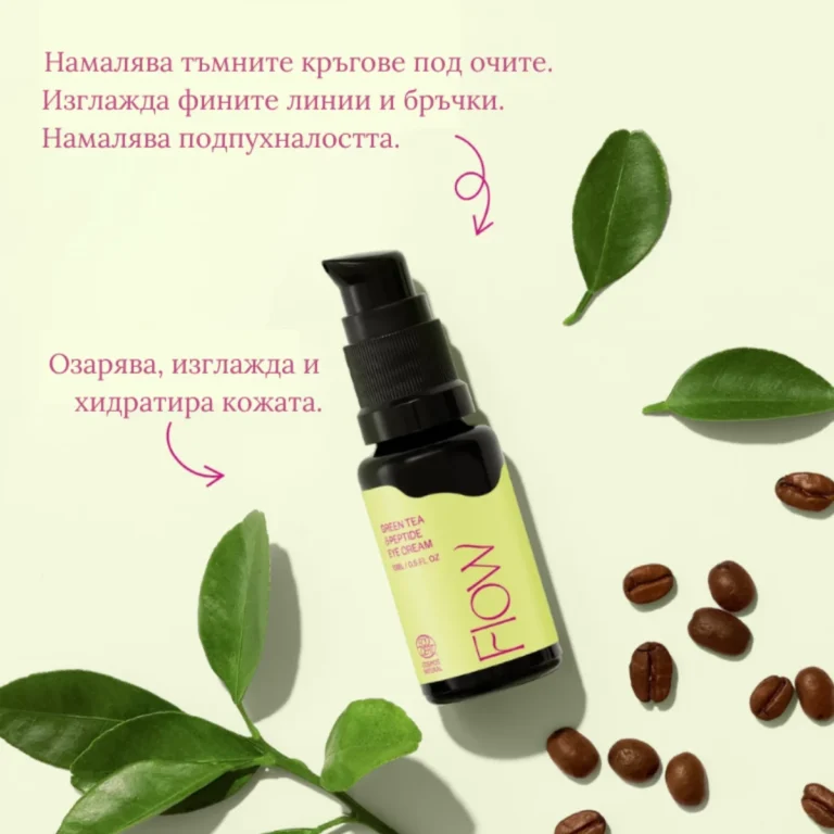 Flow Cosmetics Green Tea & Peptide Eye Cream – натурален околоочен крем против тъмни кръгове с кофеин