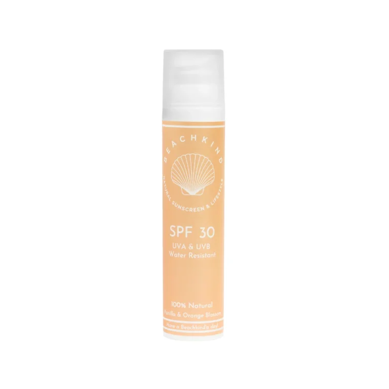 Peach-colored sunscreen roll-on bottle labeled SPF 30, UVA/UVB, water resistant, Vanilla & Orange Blossom scent.