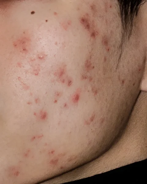Close-up of a cheek with multiple red acne pimples and blemishes